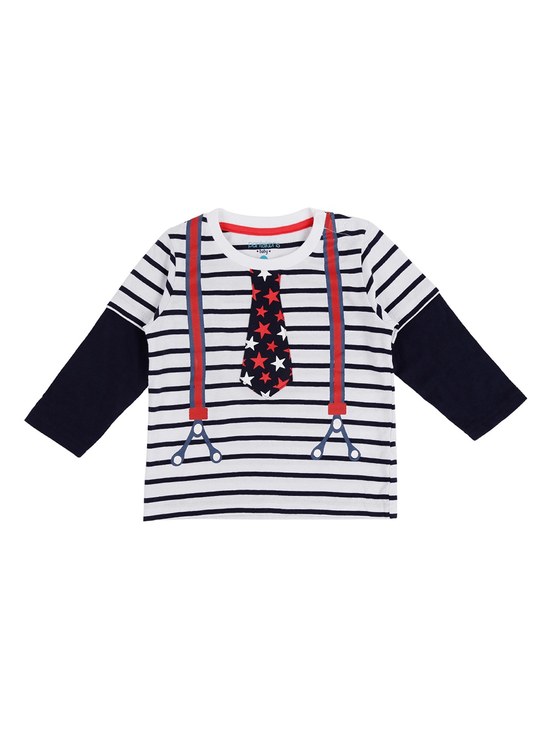 

Pantaloons Baby Boys White Navy Blue Striped Round Neck Pure Cotton T-shirt