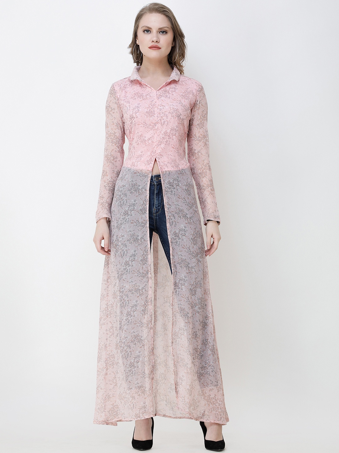 SCORPIUS Women Pink Printed Longline Shirt Style Top
