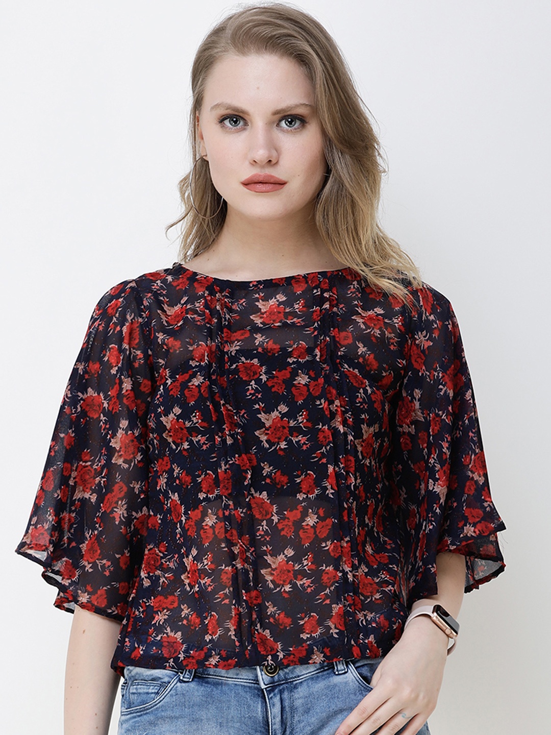 

SCORPIUS Women Navy Blue & Red Floral Printed Top