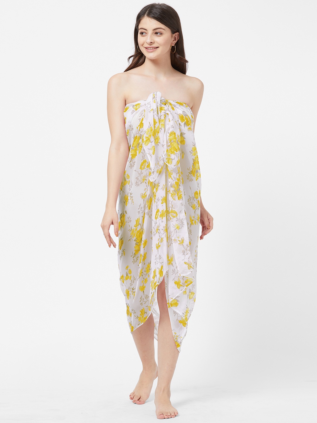 

MIRCHI FASHION Women White & Yellow Floral Printed Swimwear Cover up Sarong