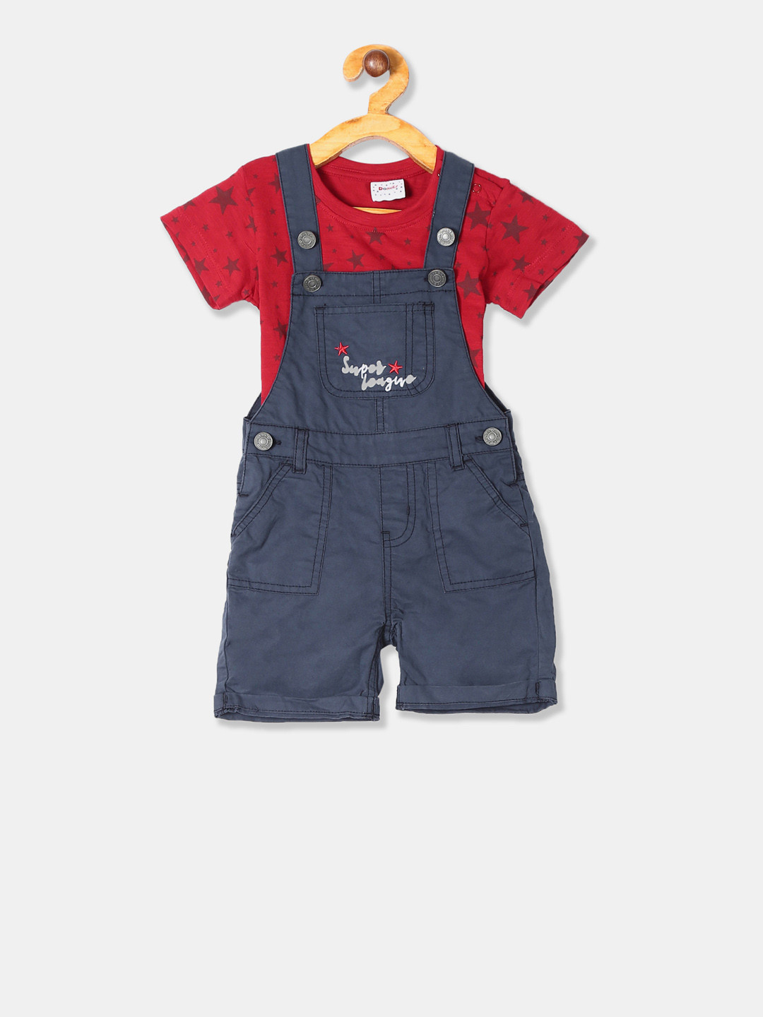 

Donuts Boys Navy Blue & Red Printed T-shirt with Dungarees