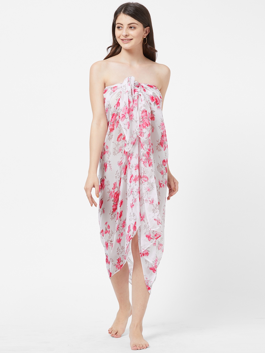 MIRCHI FASHION Women White & Pink Floral Printed Swimwear Cover up Sarong