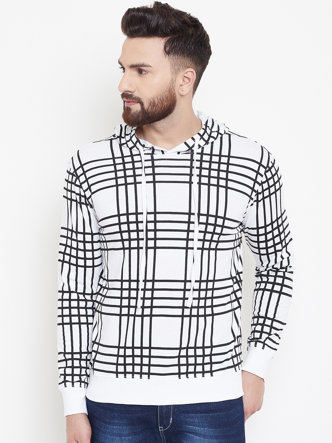 

GRITSTONES Men White Checked Hooded T-shirt