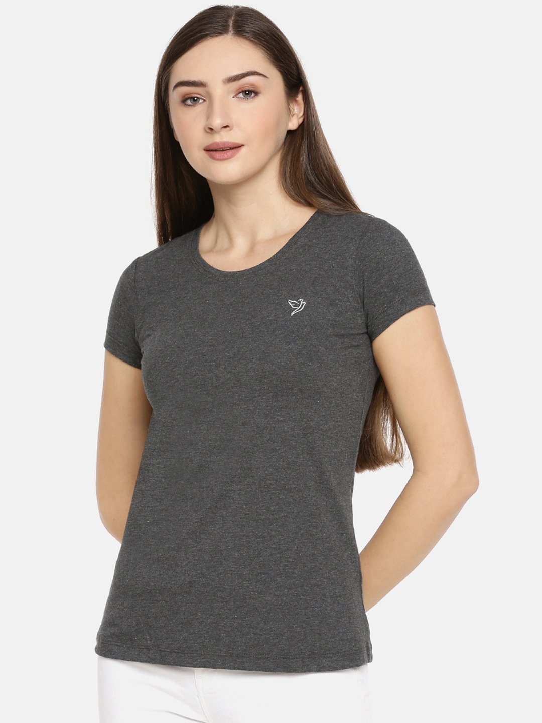 

TWIN BIRDS Women Charcoal Grey Slim Fit Solid Round Neck T-shirt