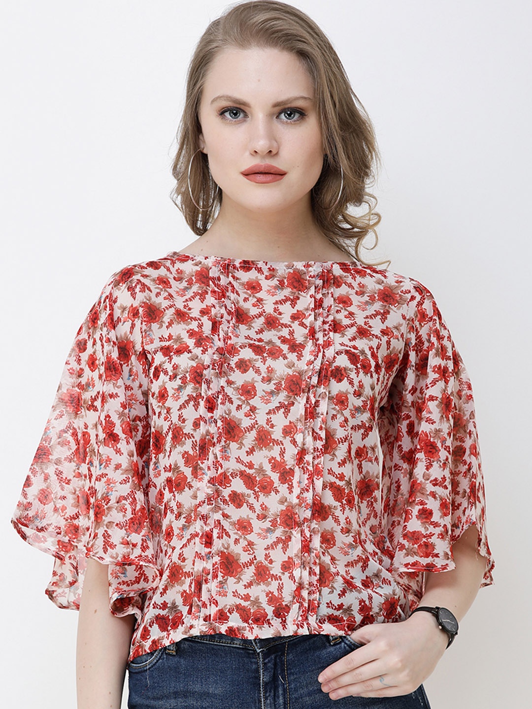 

SCORPIUS Women Red & Beige Floral Print Top