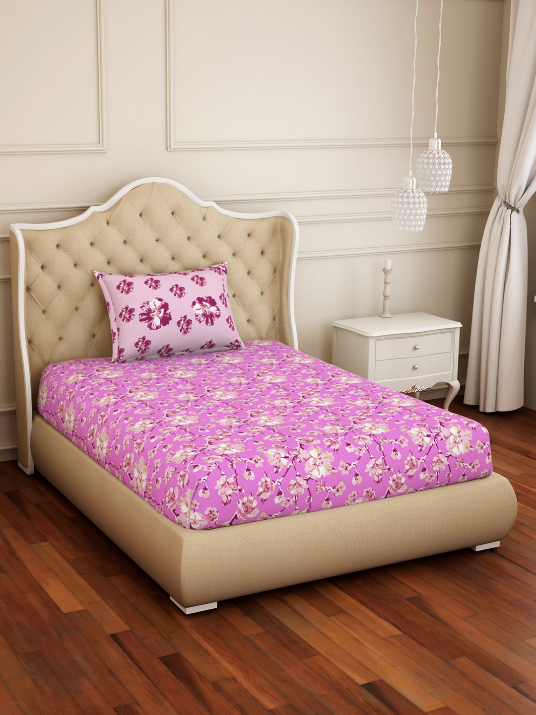

SPACES Pink Floral 144 TC Cotton 1 Single Bedsheet with 1 Pillow Covers