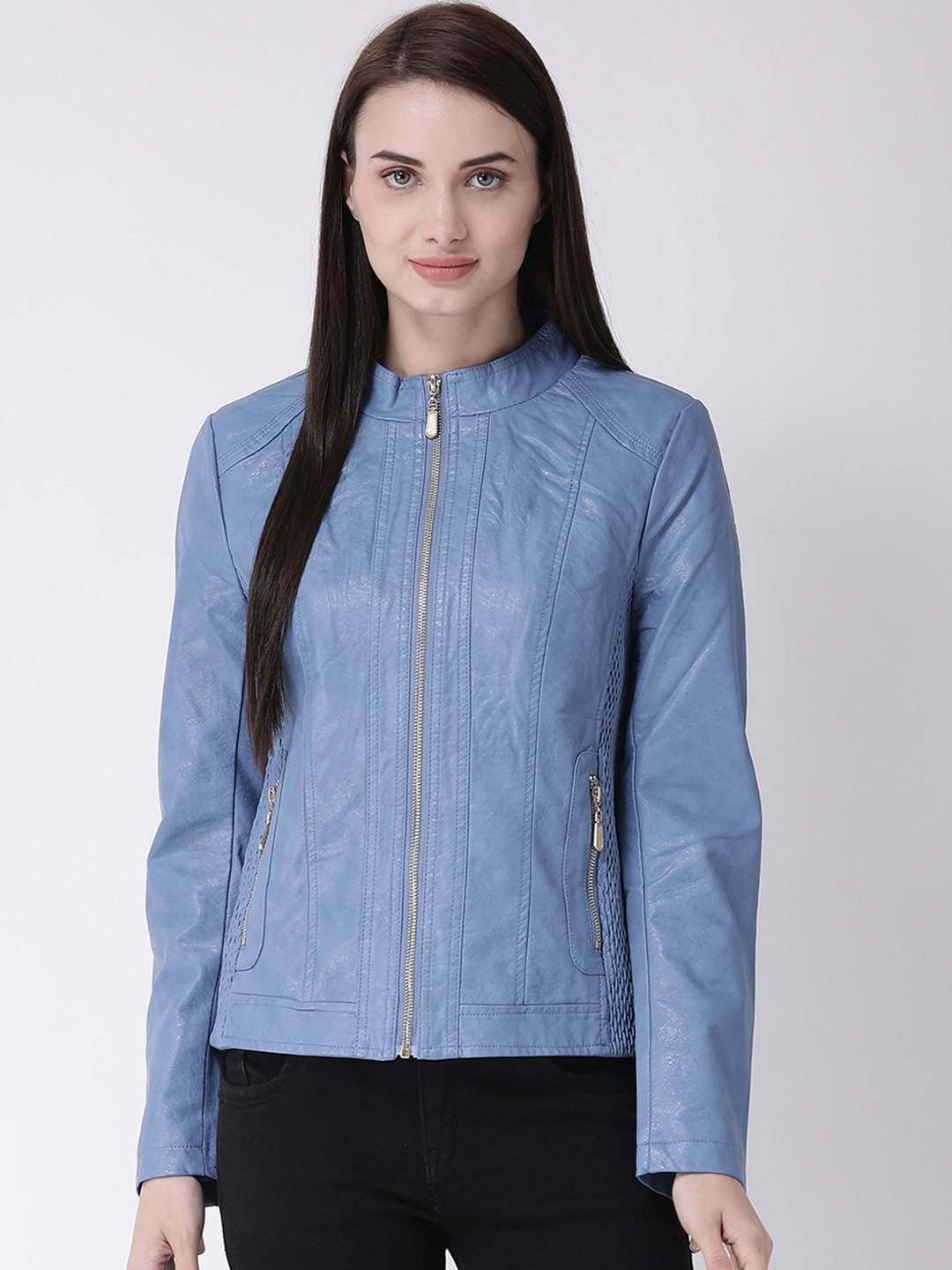 

Latin Quarters Women Blue Solid Asymmetric Closure Biker Jacket