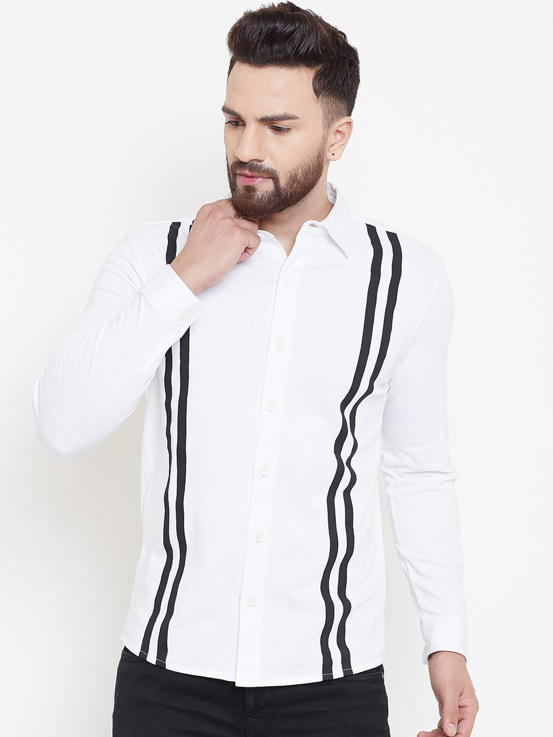 

GRITSTONES Men White & Black Striped Regular Fit Casual Shirt