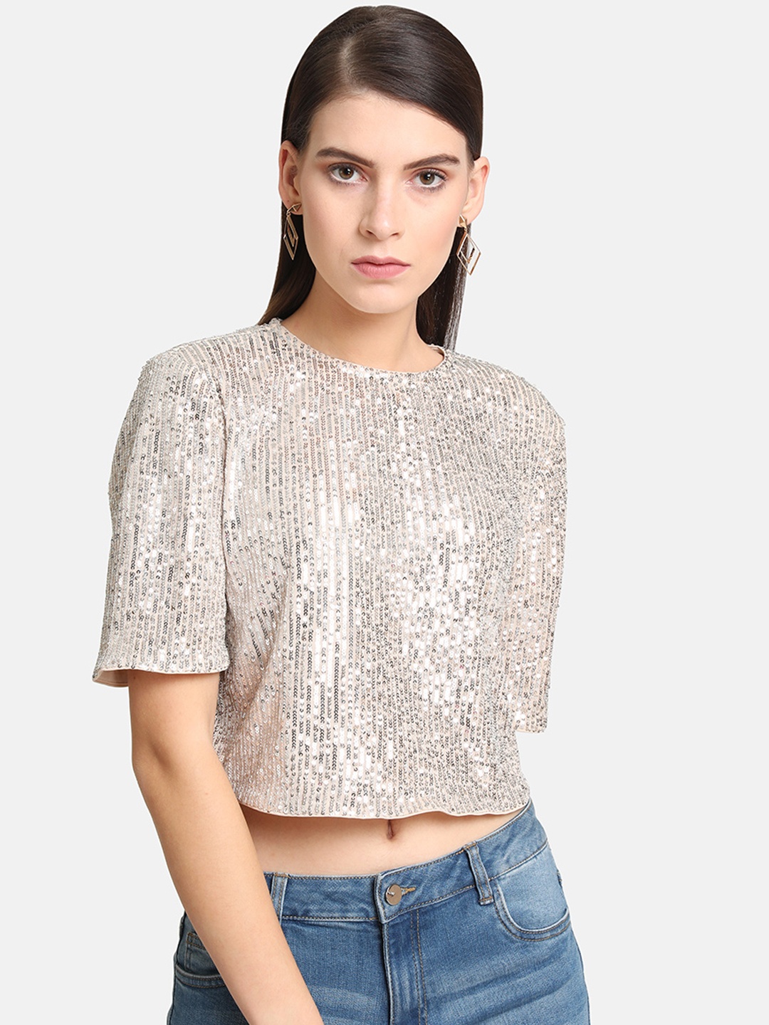 

Kazo Women Silver-Coloured Embellished Crop Top