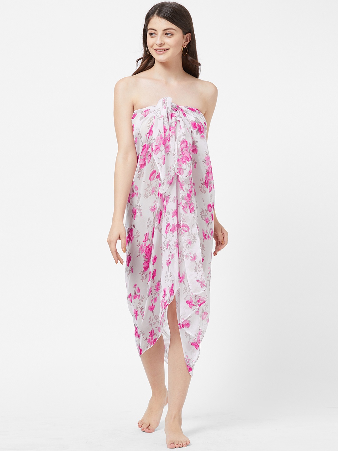 

MIRCHI FASHION Women White & Pink Floral Print Swimwear Cover up Sarong