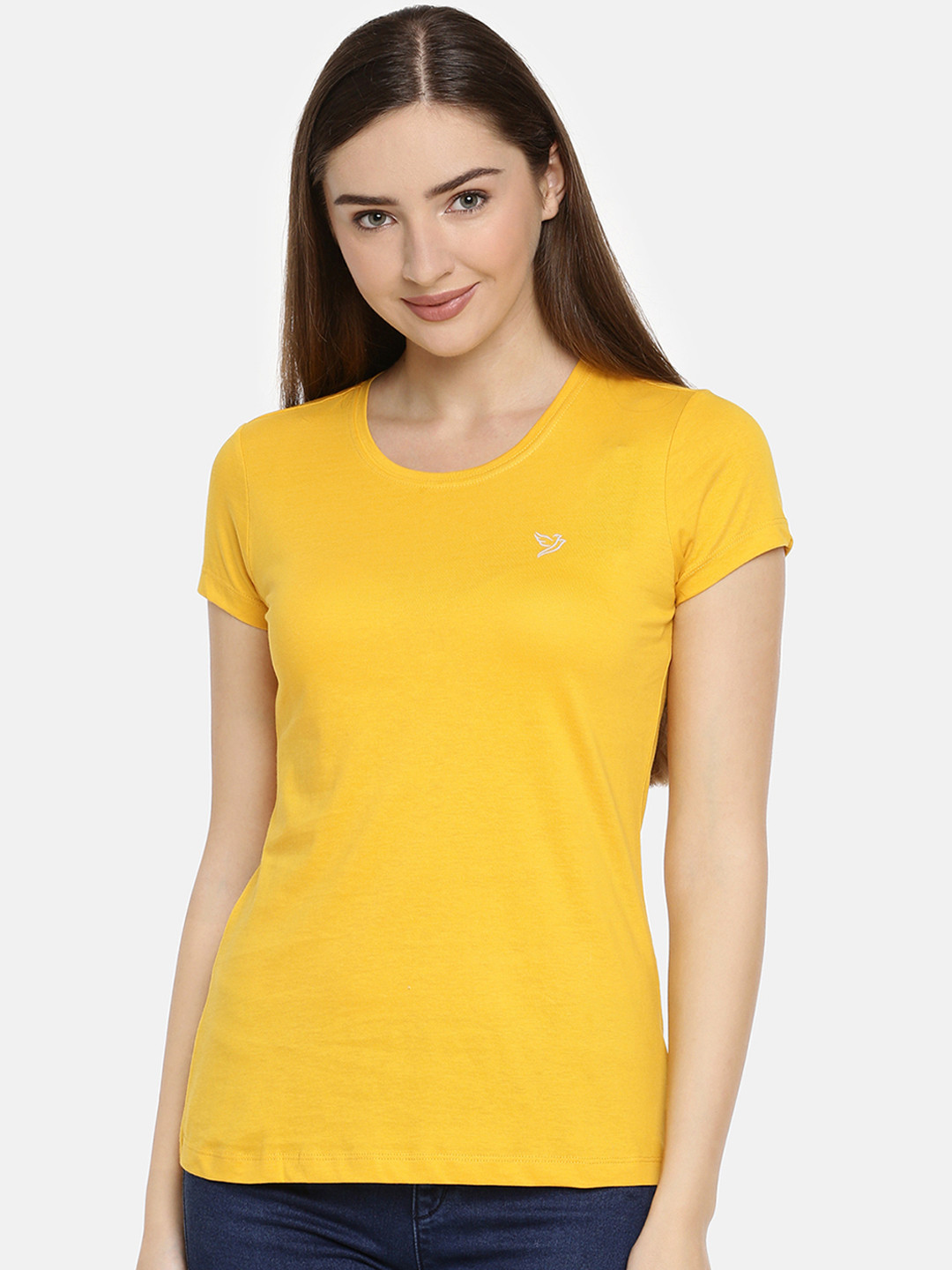

TWIN BIRDS Women Yellow Slim Fit Solid Round Neck Pure Cotton T-shirt