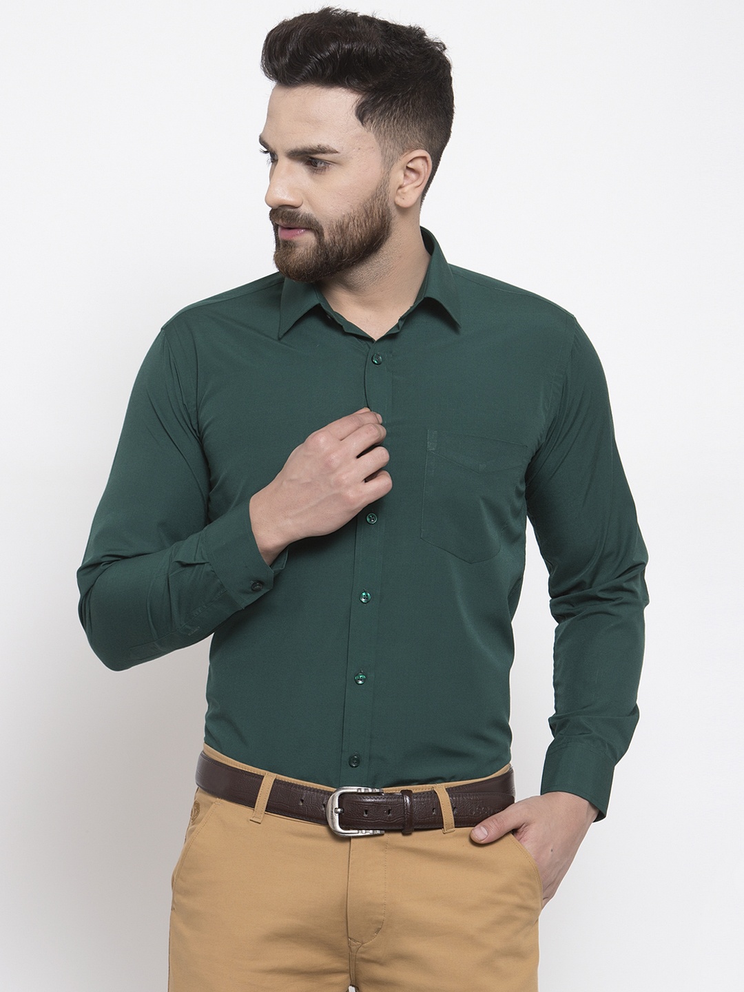 

English Navy Men Green Slim Fit Solid Formal Shirt