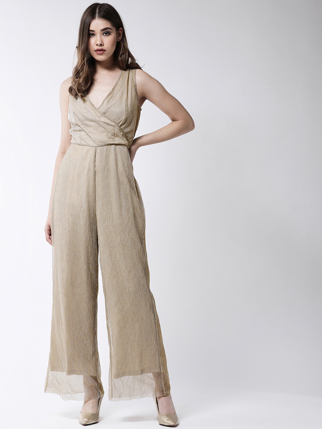 

MAGRE Women Beige & Gold-Toned Solid Basic Jumpsuit
