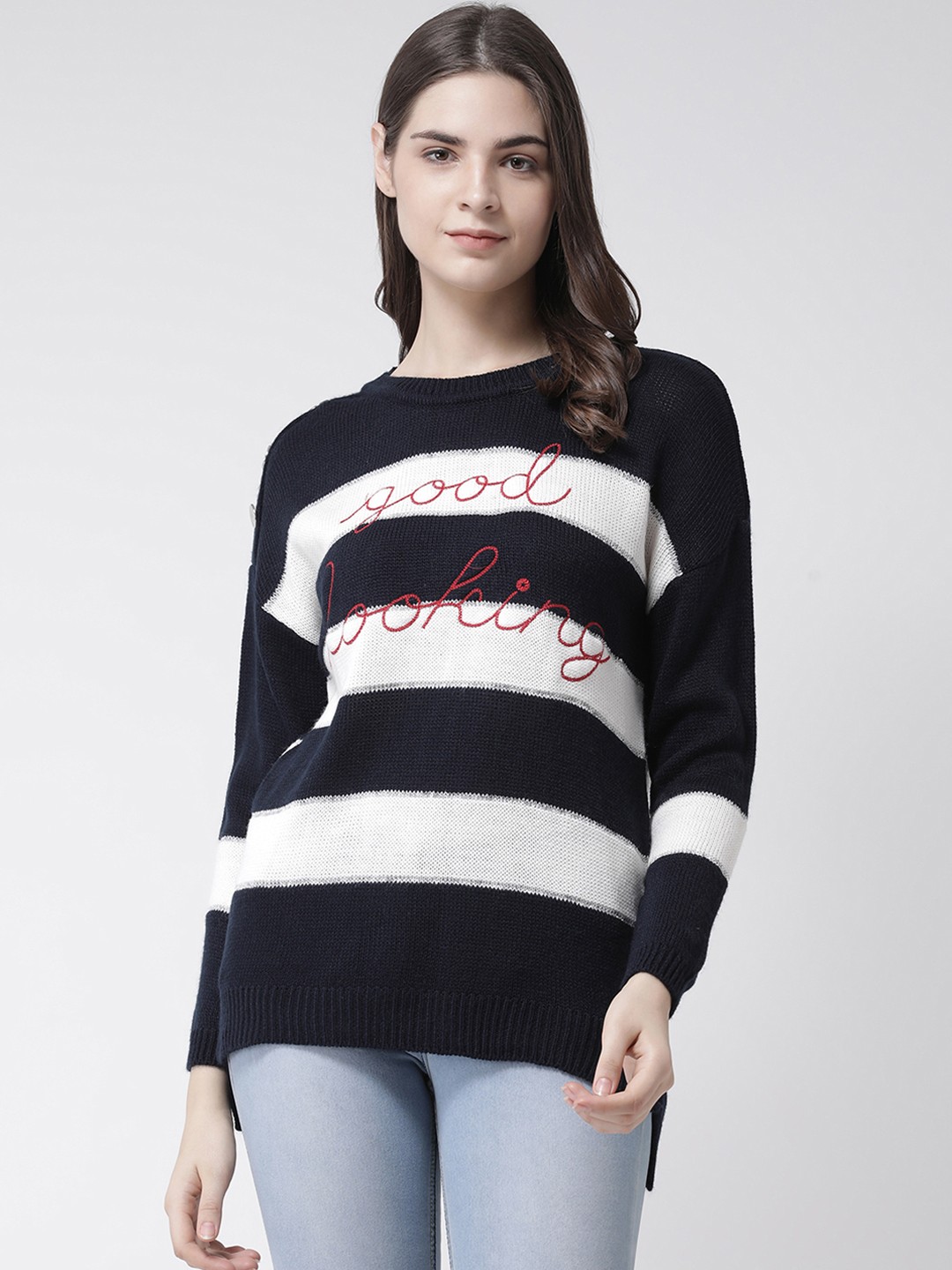 

Club York Women Navy Blue Striped Pullover Sweater