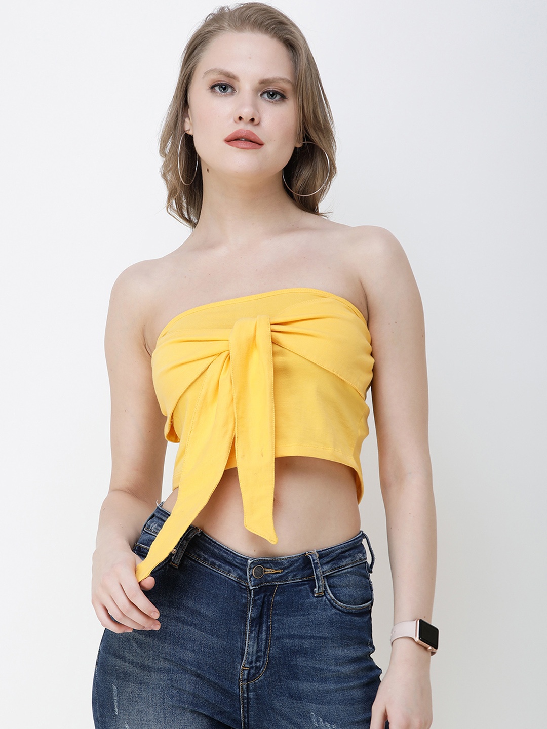SCORPIUS Women Yellow Solid Tube Crop Top