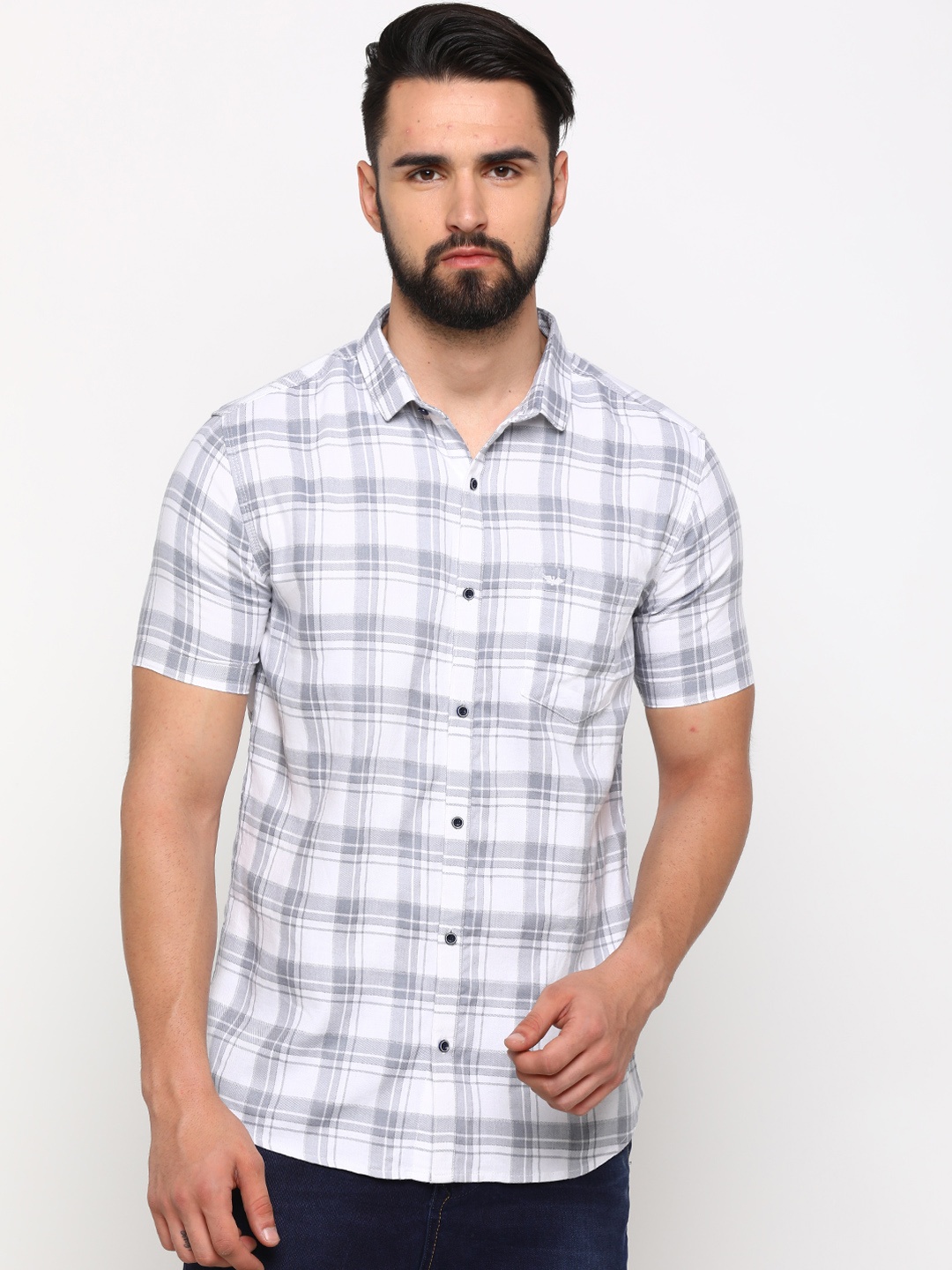 

SHOWOFF Men White & Grey Slim Fit Checked Casual Shirt