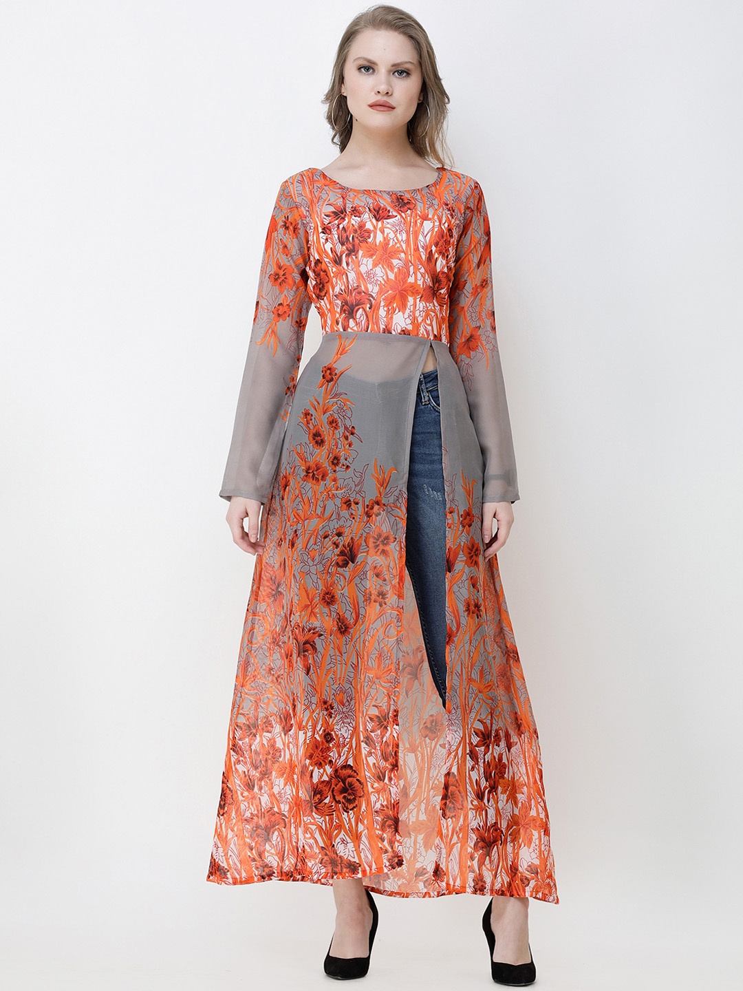 

SCORPIUS Women Orange & Grey Floral Printed Longline Maxi Top