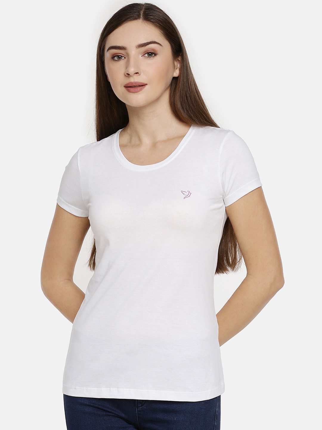 

TWIN BIRDS Women White Slim Fit Solid Round Neck Pure Cotton T-shirt