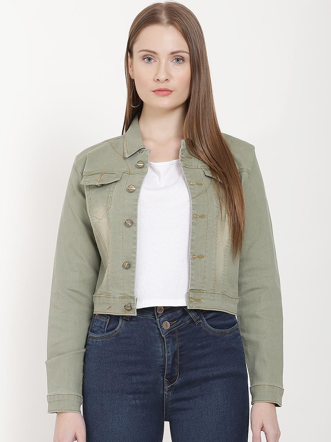 

Nifty Women Green Solid Denim Jacket