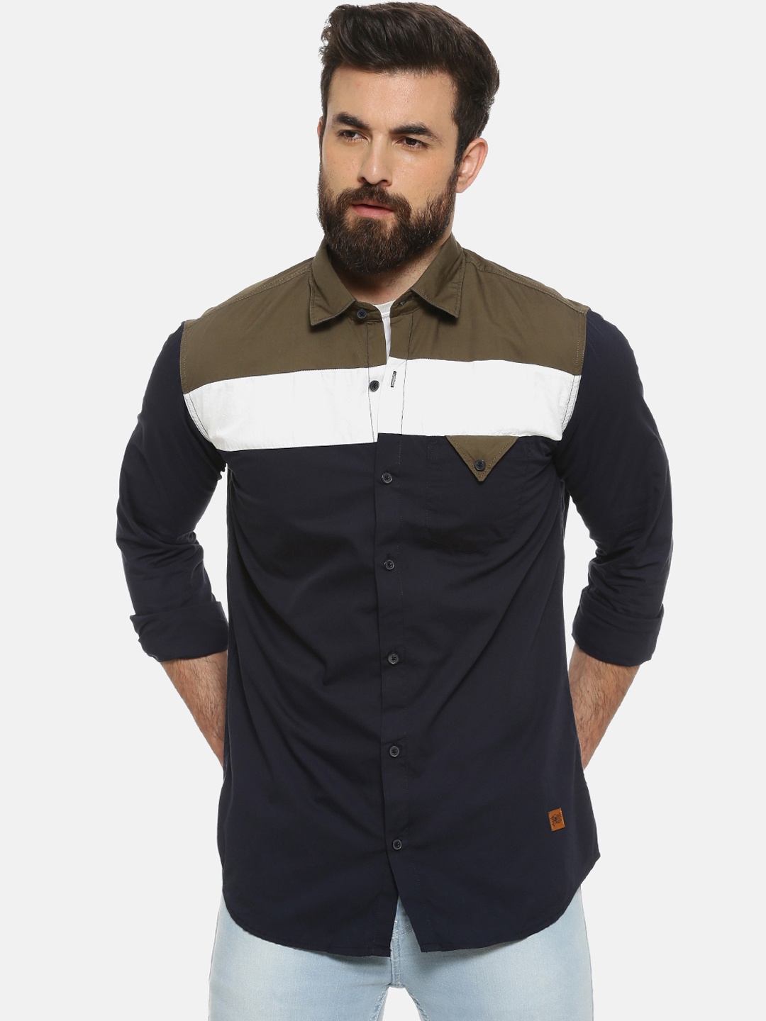 

Campus Sutra Men Navy Blue & Olive Green Regular Fit Colourblocked Casual Shirt