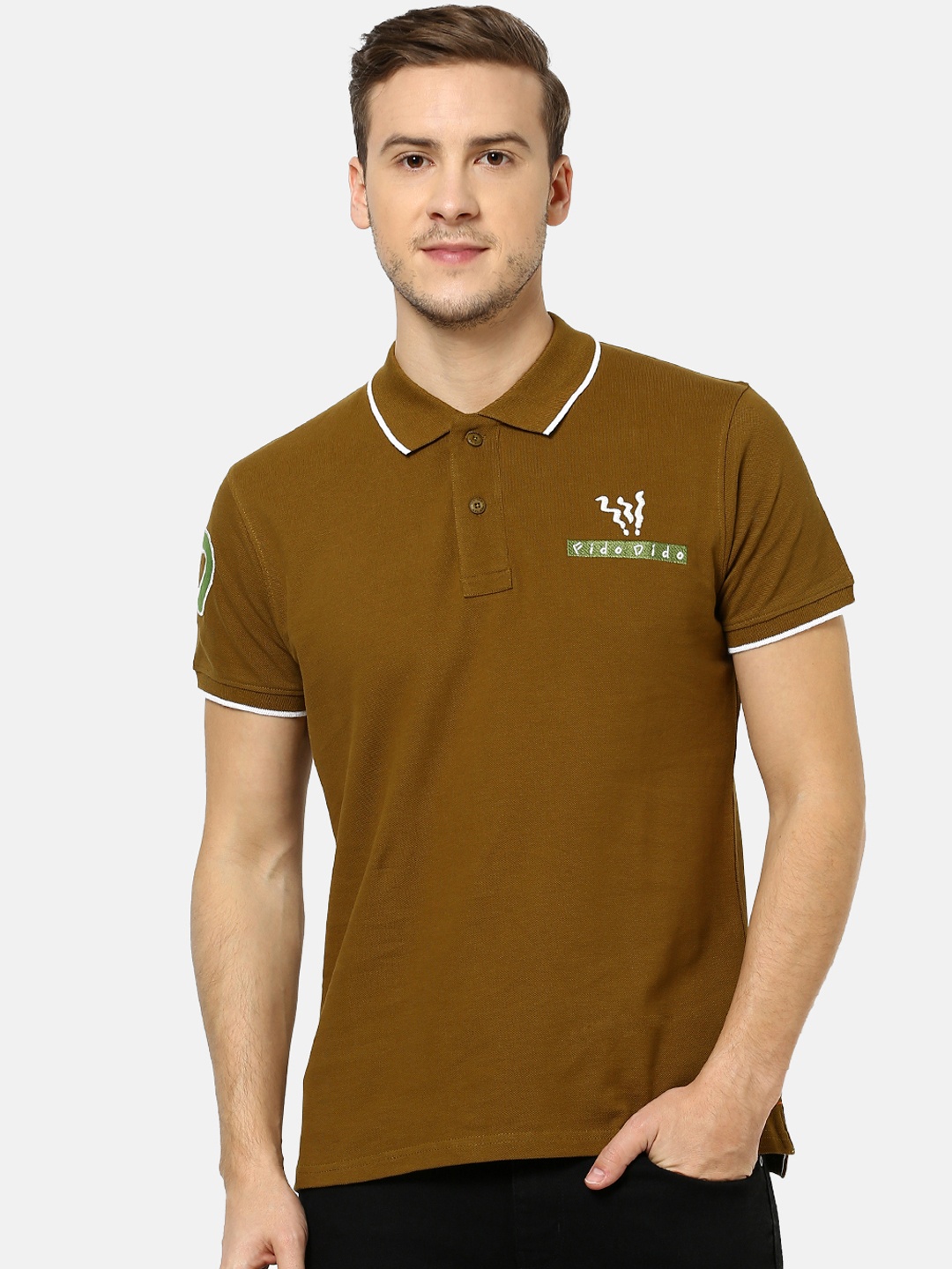 

FIDO DIDO Men Olive Brown Solid Polo Collar Pure Cotton T-shirt