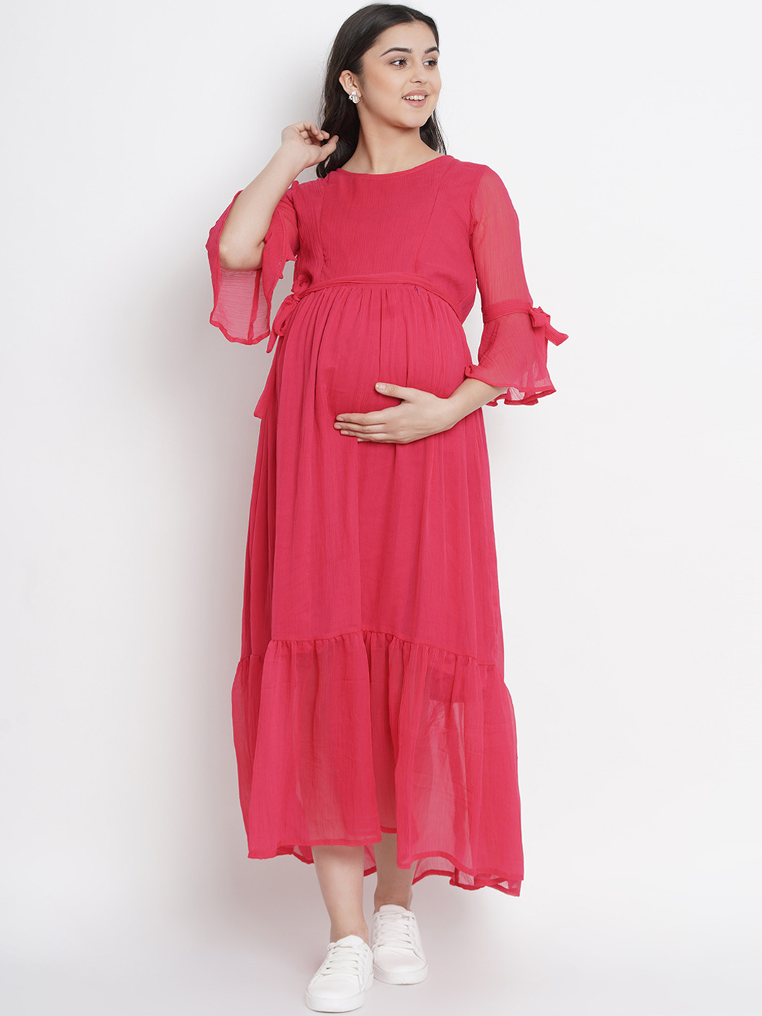 

Mine4Nine Women Fuchsia Pink Solid Maternity Fit and Flare Dress