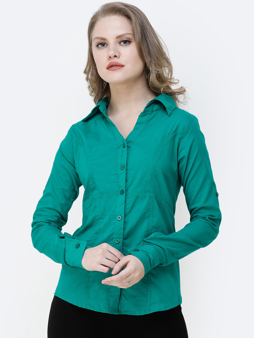 

SCORPIUS Women Green Solid Slim Fit Formal Shirt