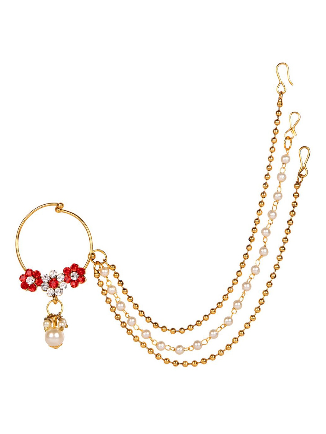 

Anikas Creation Gold-Plated Red Stone Studded Bridal Clip-On Nose Ring With Beaded Chains