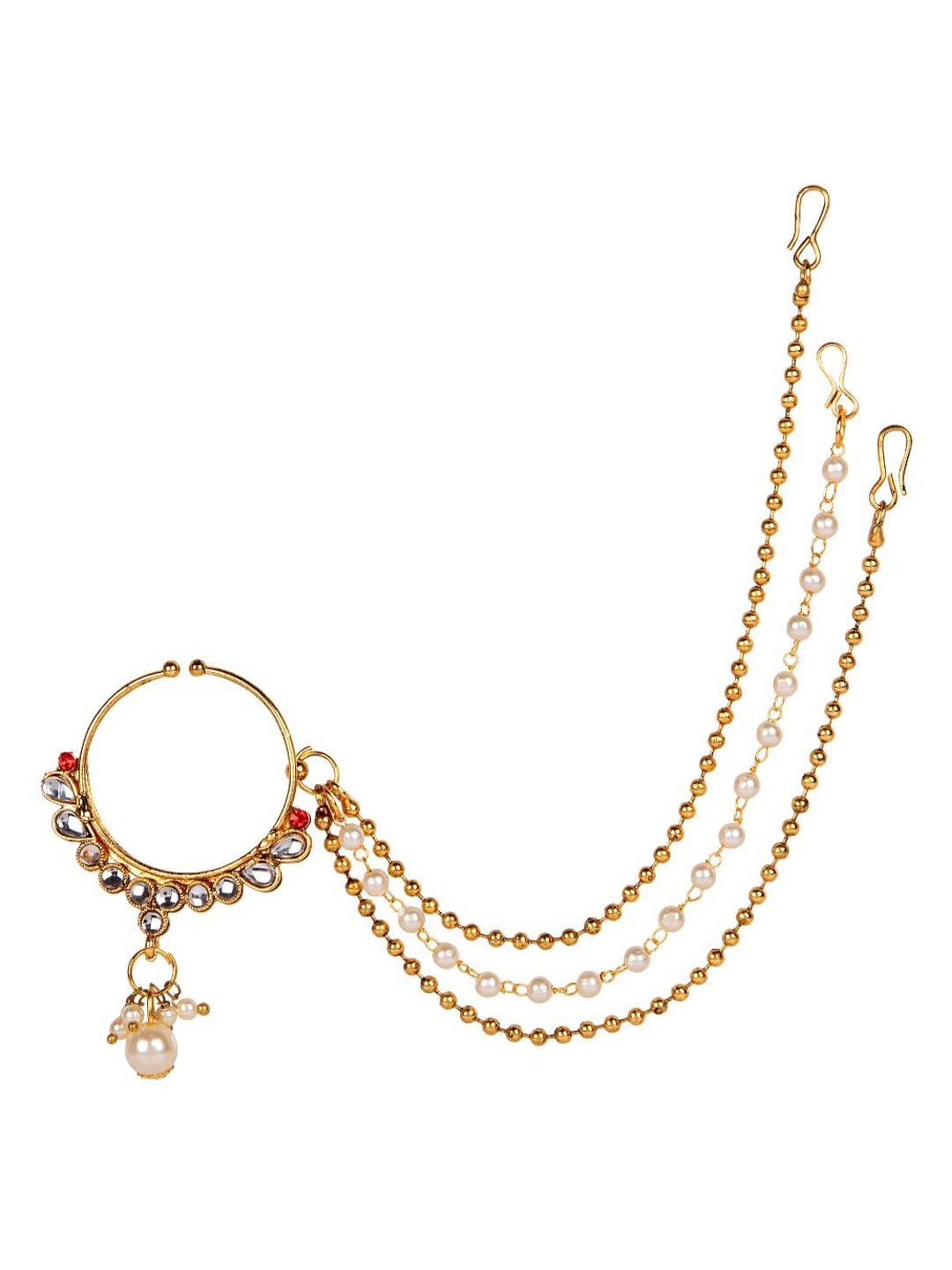 

Anikas Creation Gold-Plated Off White Stone Studded Bridal Clip-On Nose Ring With Beaded Chains