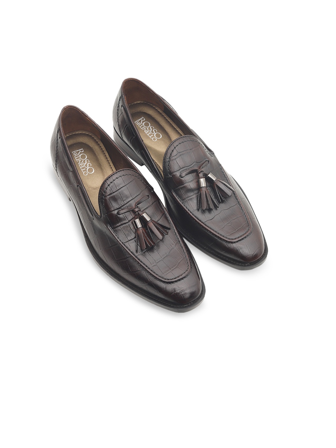 ROSSO BRUNELLO Men Coffee Brown Brown Textured Italian Leather Formal Loafers