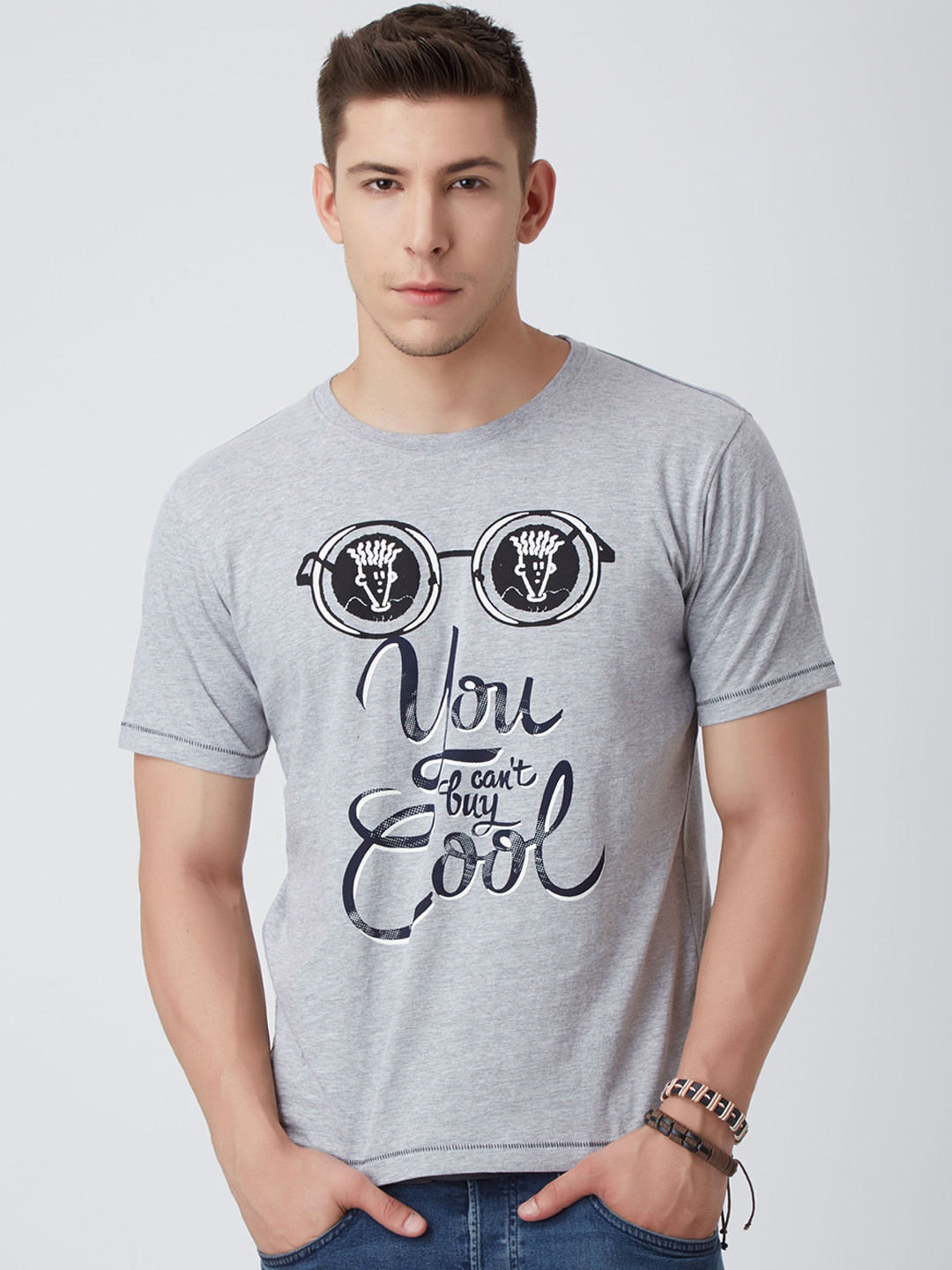 

FIDO DIDO Men Grey Black Printed Round Neck Pure Cotton T-shirt