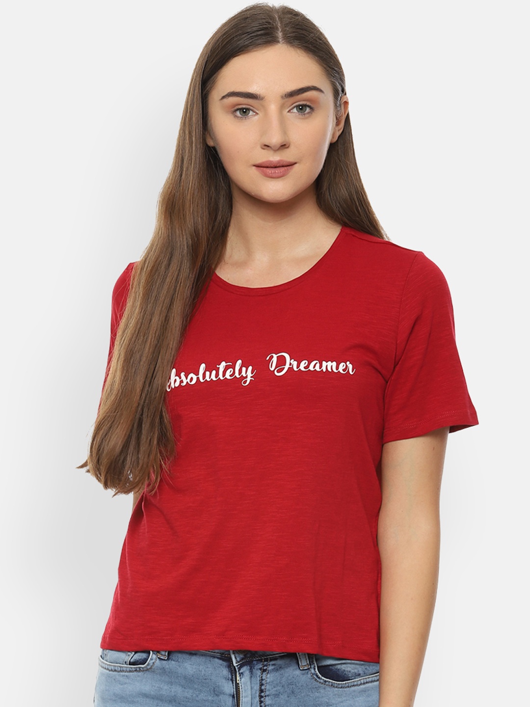 

People Women Red Printed Round Neck Pure Cotton T-shirt