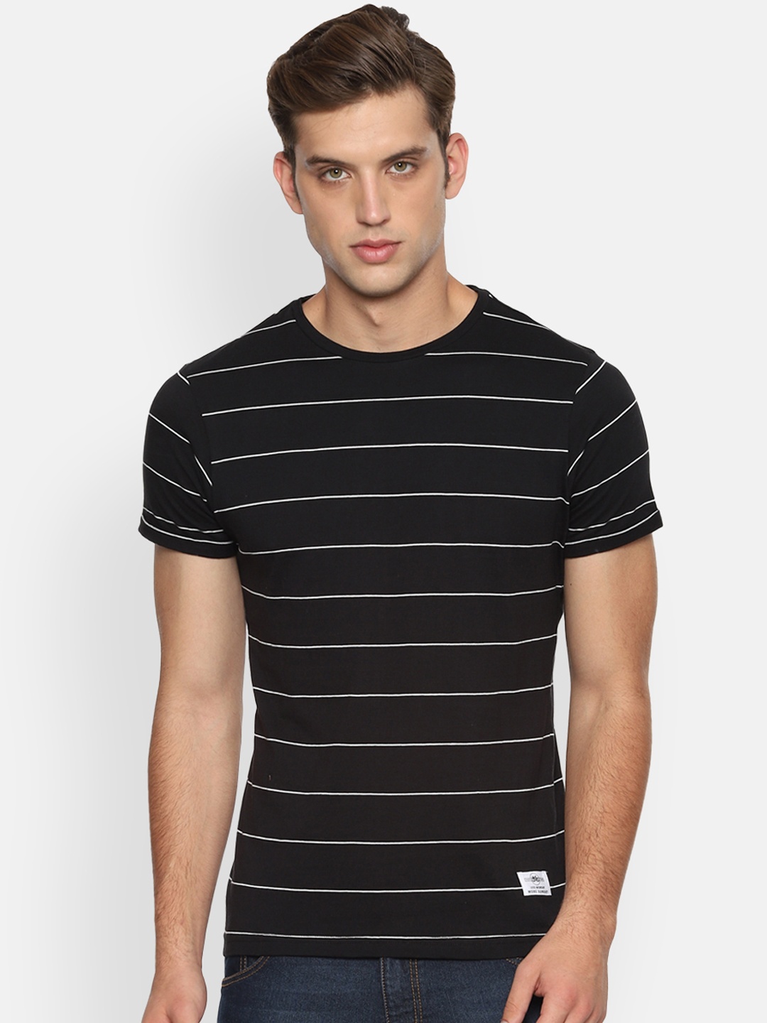 

People Men Black Striped Round Neck Pure Cotton T-shirt