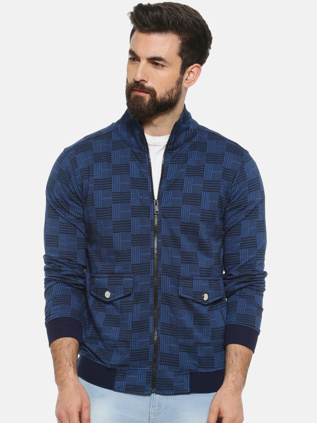 

Campus Sutra Men Blue Checked Windcheater Bomber