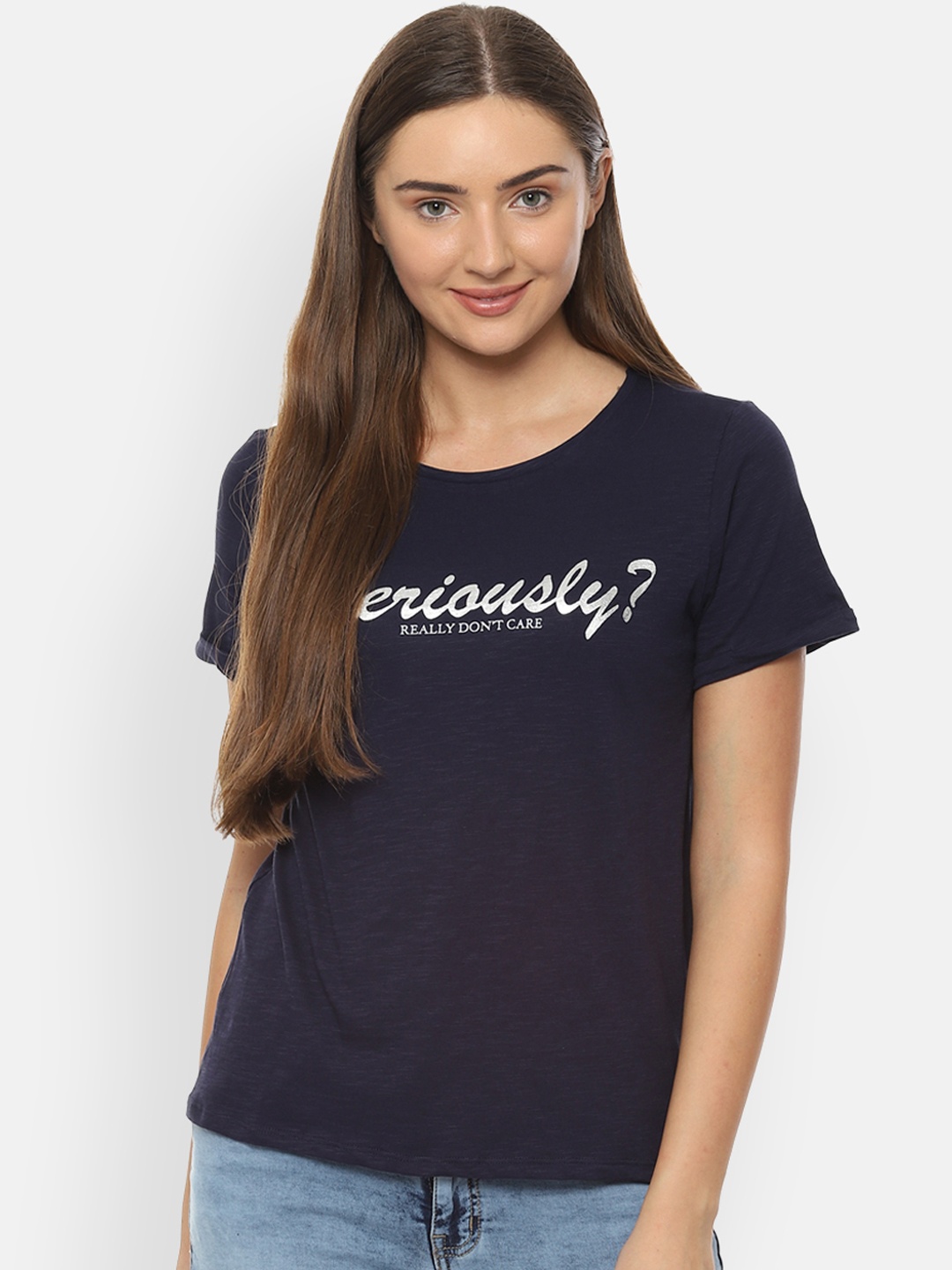 

People Women Navy Blue Printed Round Neck Pure Cotton T-shirt
