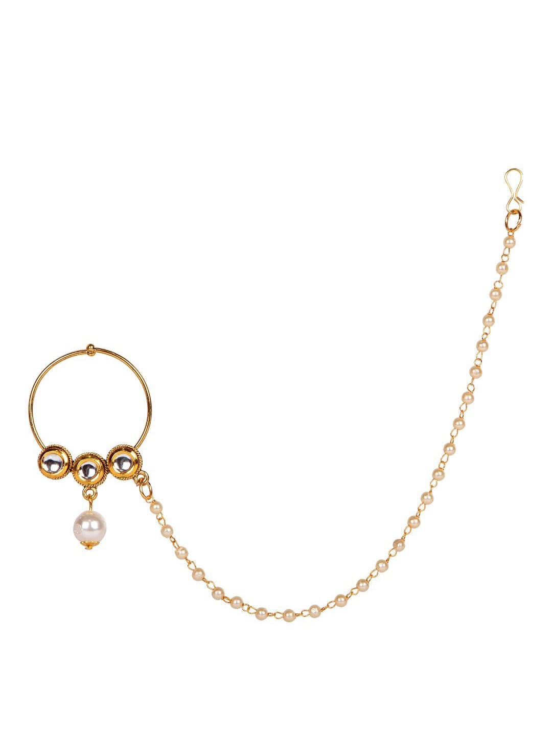 

Anikas Creation Gold-Plated Off White Embellished Bridal Clip-On Nose Ring With Beaded Chain