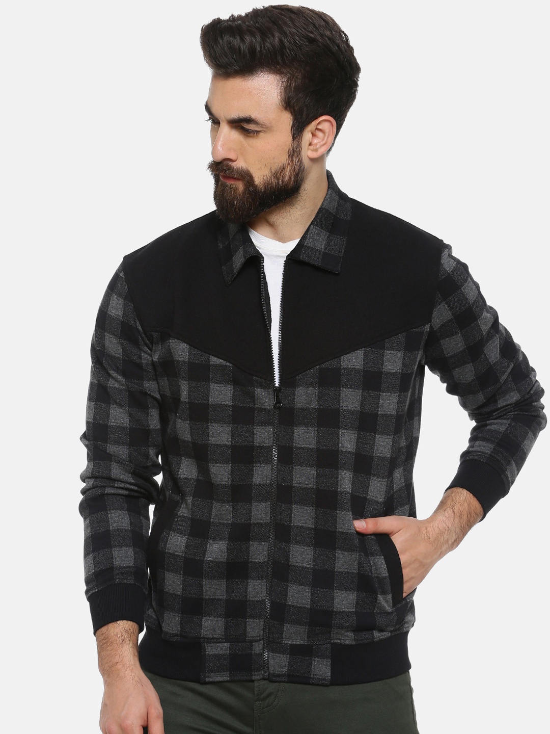 

Campus Sutra Men Charcoal Grey Checked Windcheater Bomber