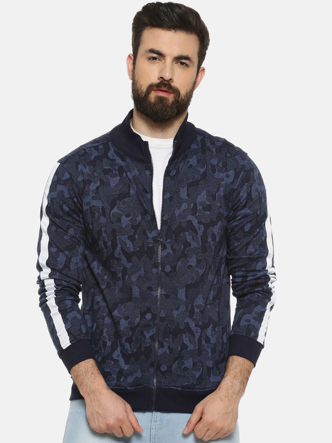 

Campus Sutra Men Navy Blue Camouflage Printed Windcheater Bomber