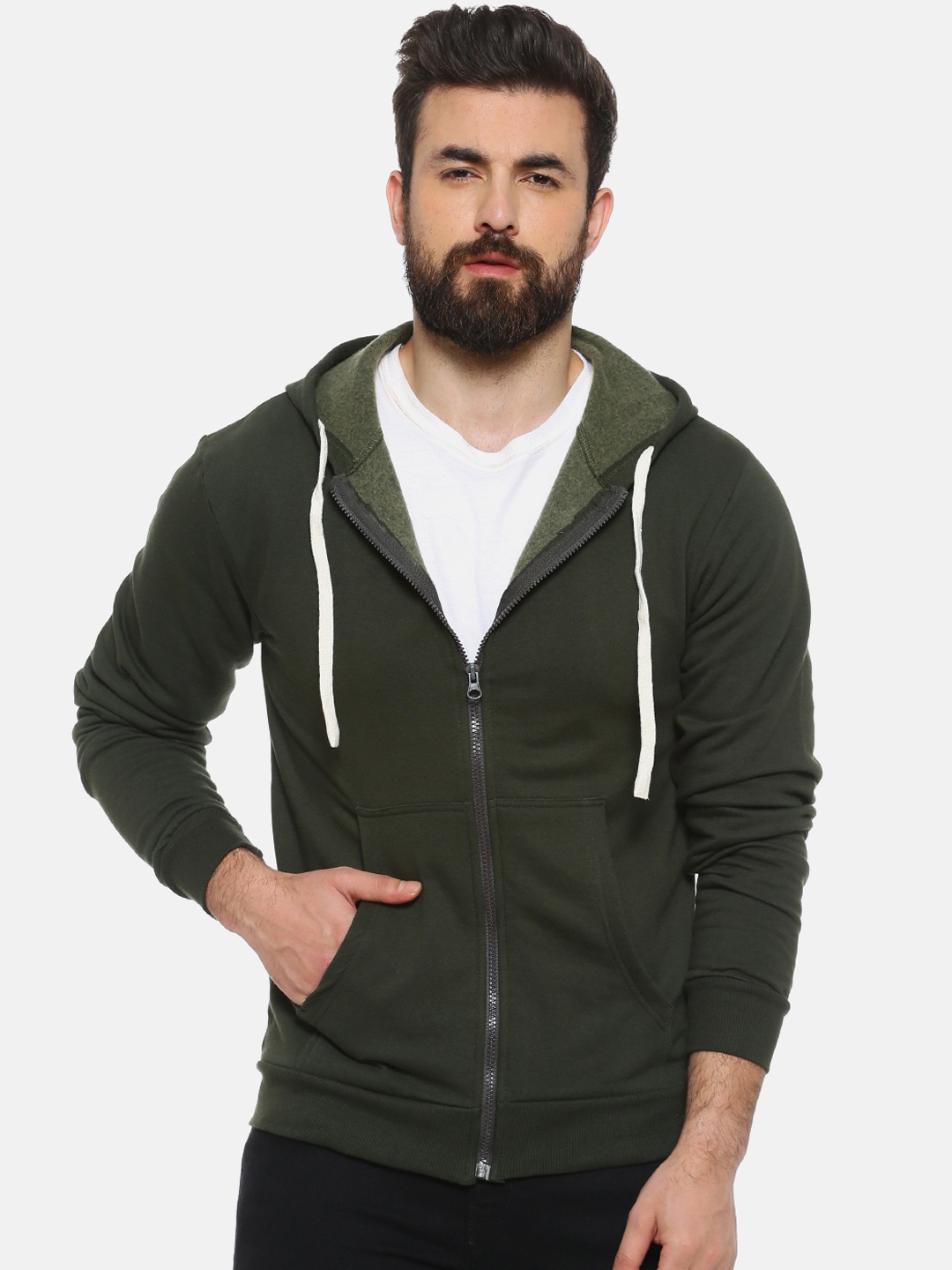 Campus Sutra Men Olive Green Solid Hooded Sweatshirt