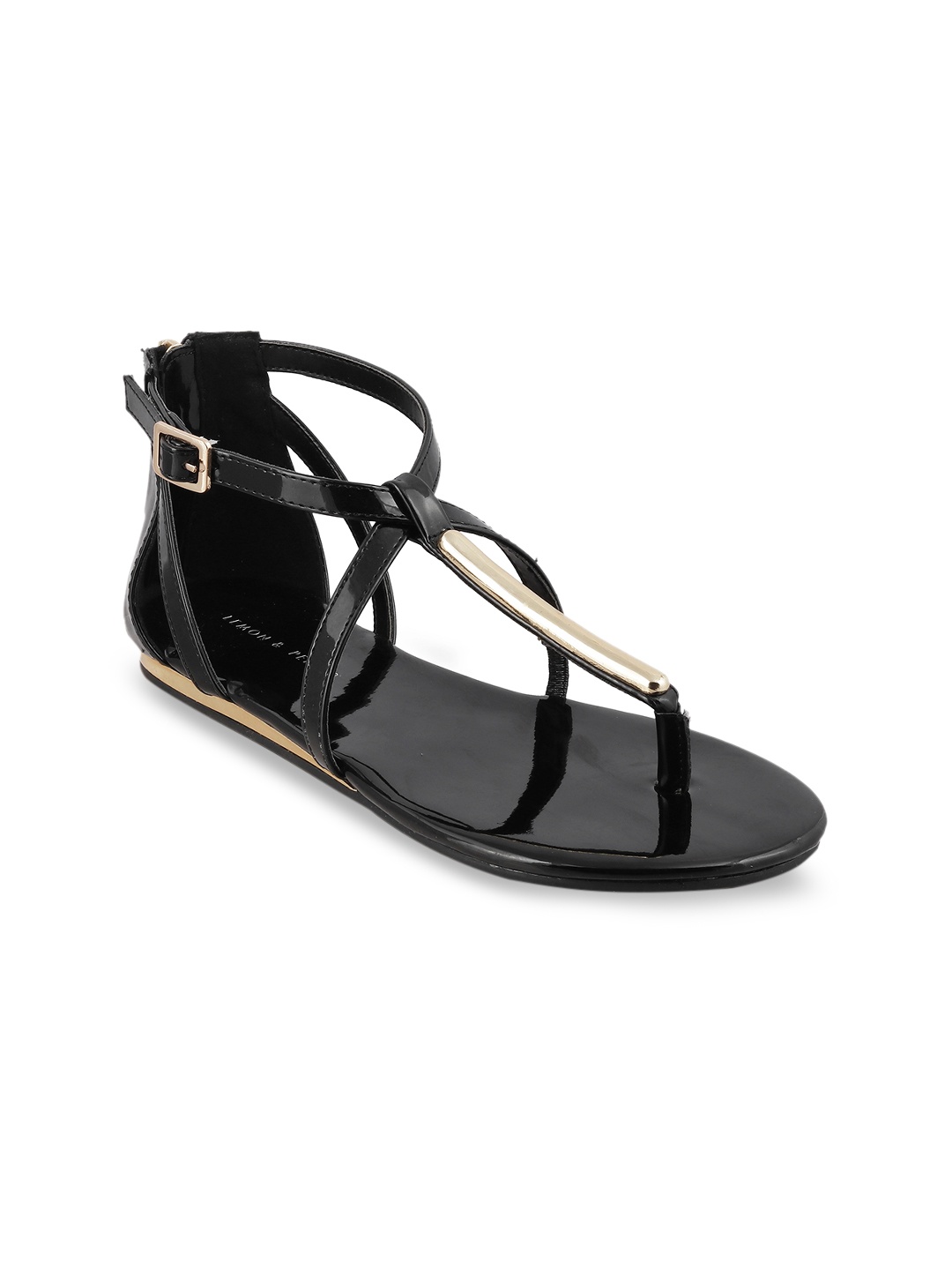 

LEMON & PEPPER Women Black Solid Synthetic Patent Open Toe Flats