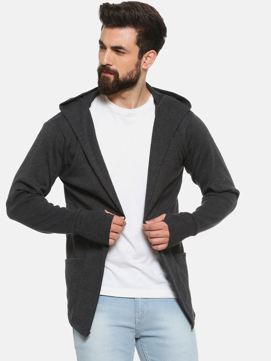 

Campus Sutra Men Charcoal Grey Solid Hooded Open Front Shrug