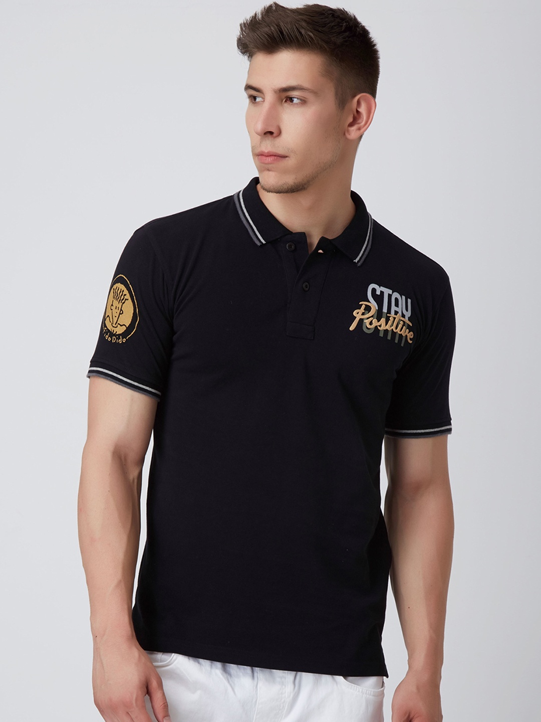 

FIDO DIDO Men Black Printed Polo Collar Pure Cotton T-shirt