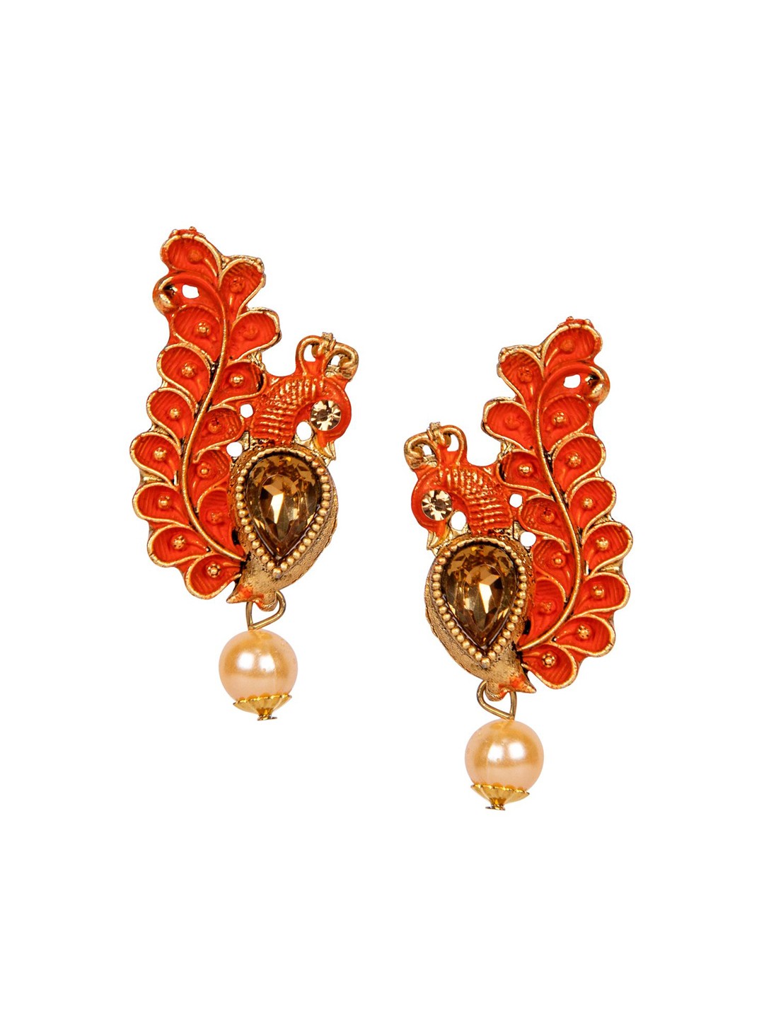 

ANIKAS CREATION Orange & Gold-Plated Enamelled Peacock Shaped Drop Earrings