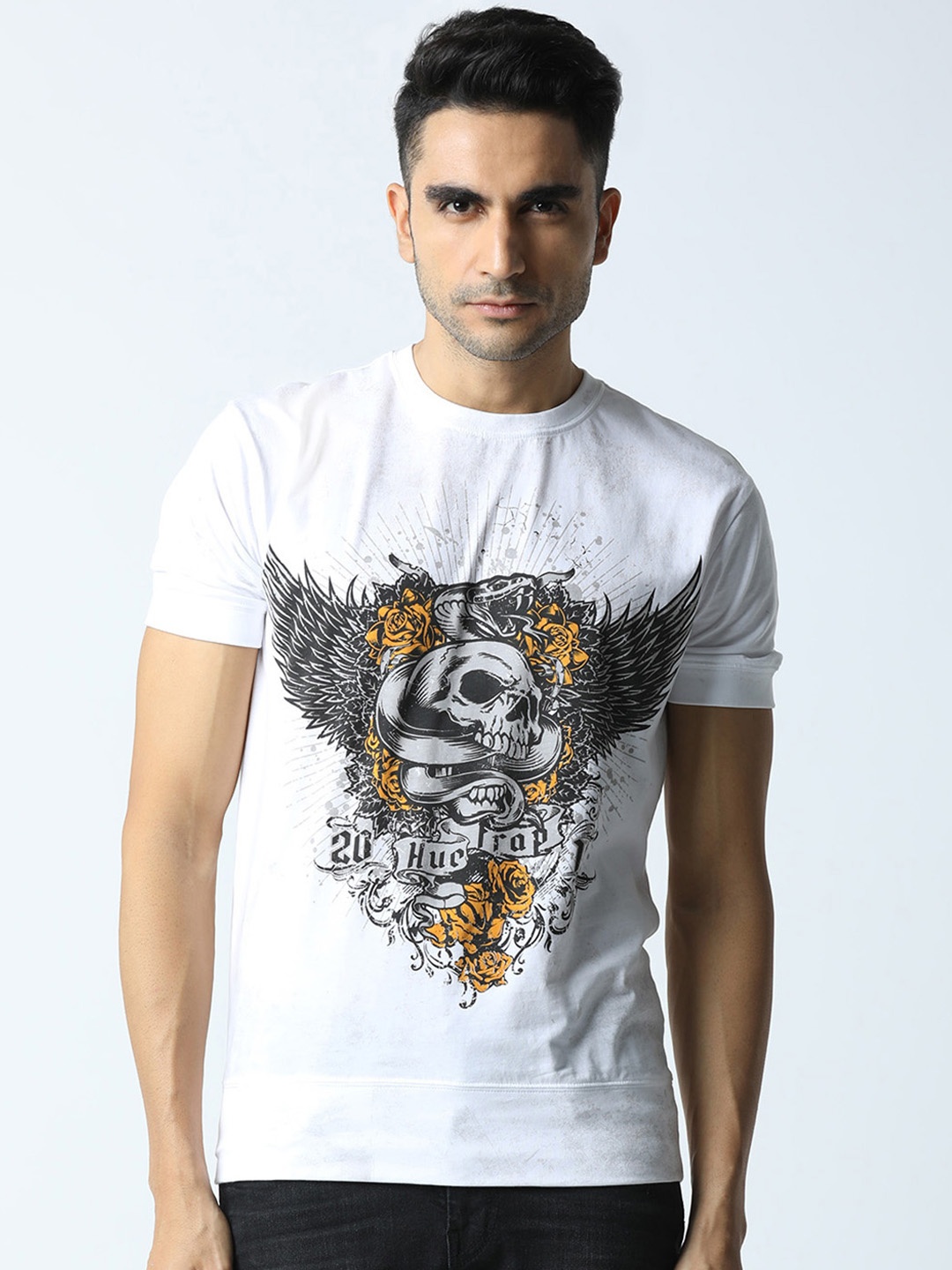

Huetrap Men White Printed Round Neck T-shirt