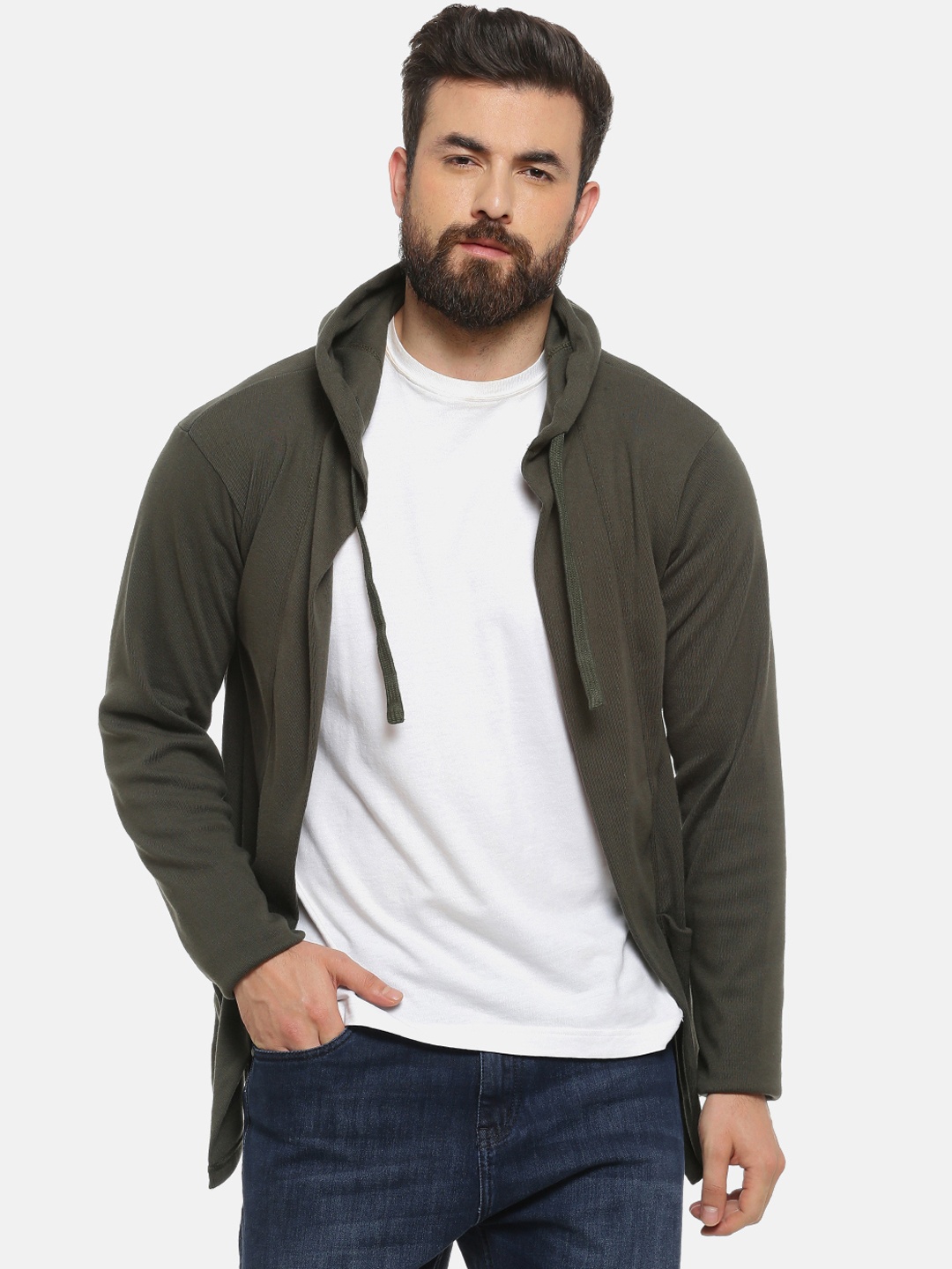 

Campus Sutra Men Olive Green Solid Hooded Open Front Shrug