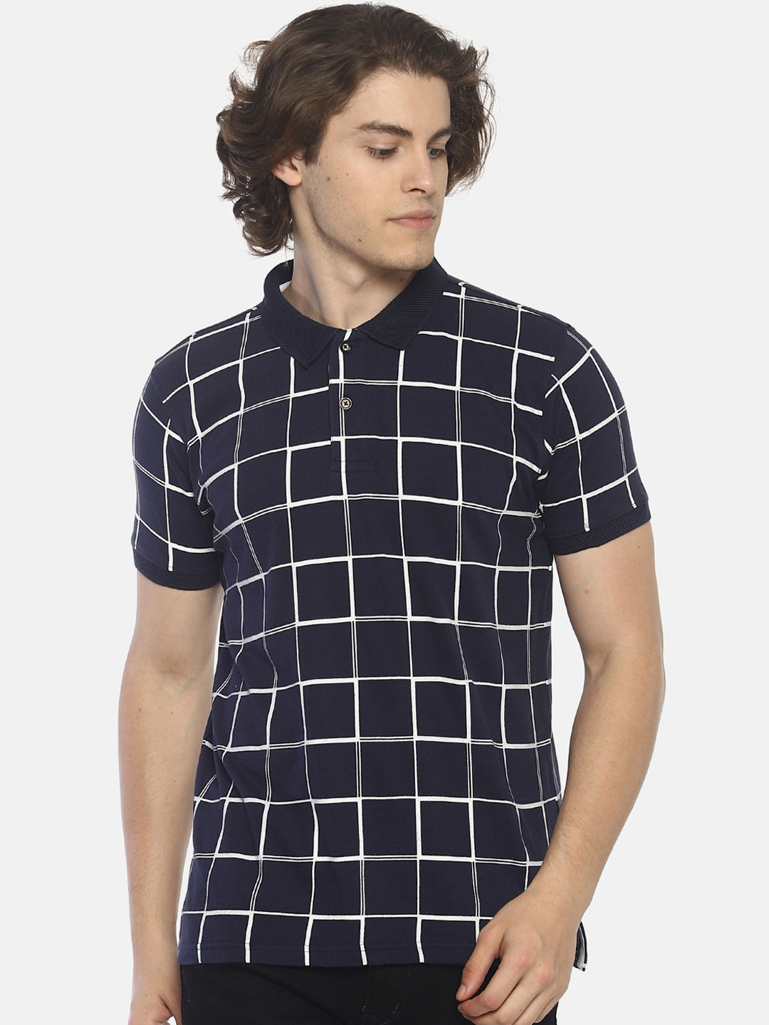 

Steenbok Men Navy Blue Off-White Checked Polo Collar Pure Cotton T-shirt