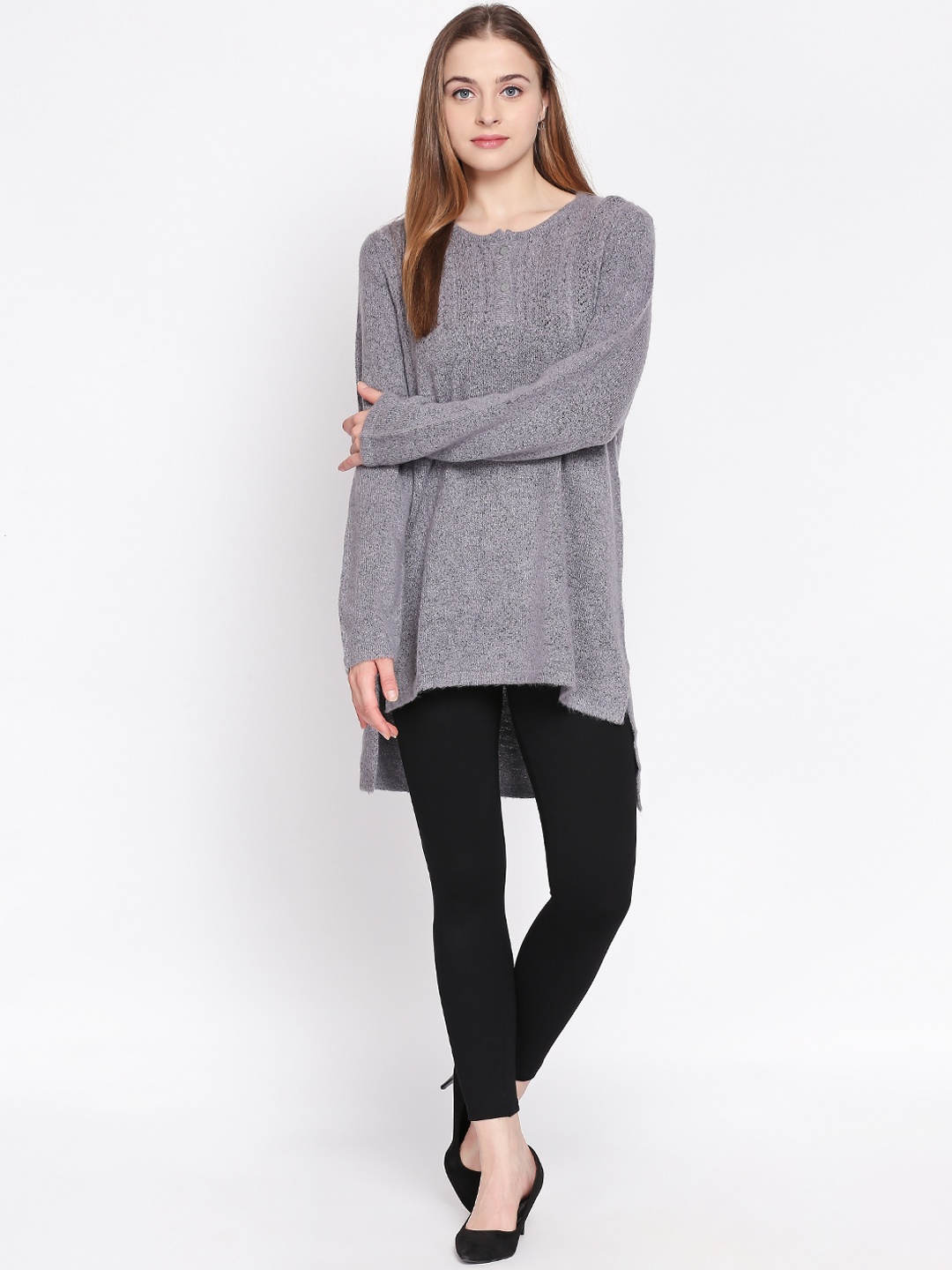 

AKKRITI BY PANTALOONS Women Grey Self Design Pullover Sweater