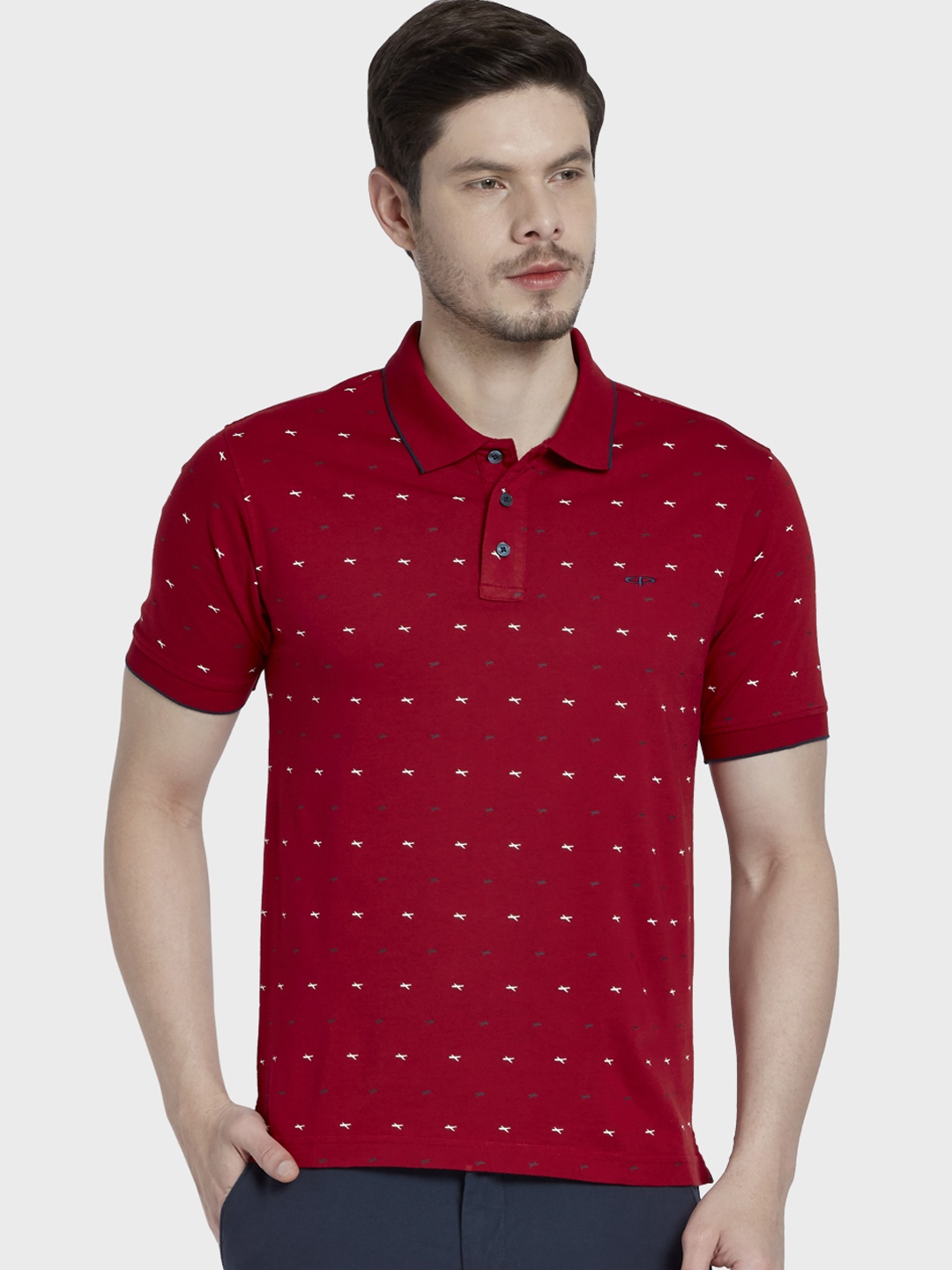 

ColorPlus Men Red & Off-White Printed Polo Collar T-shirt