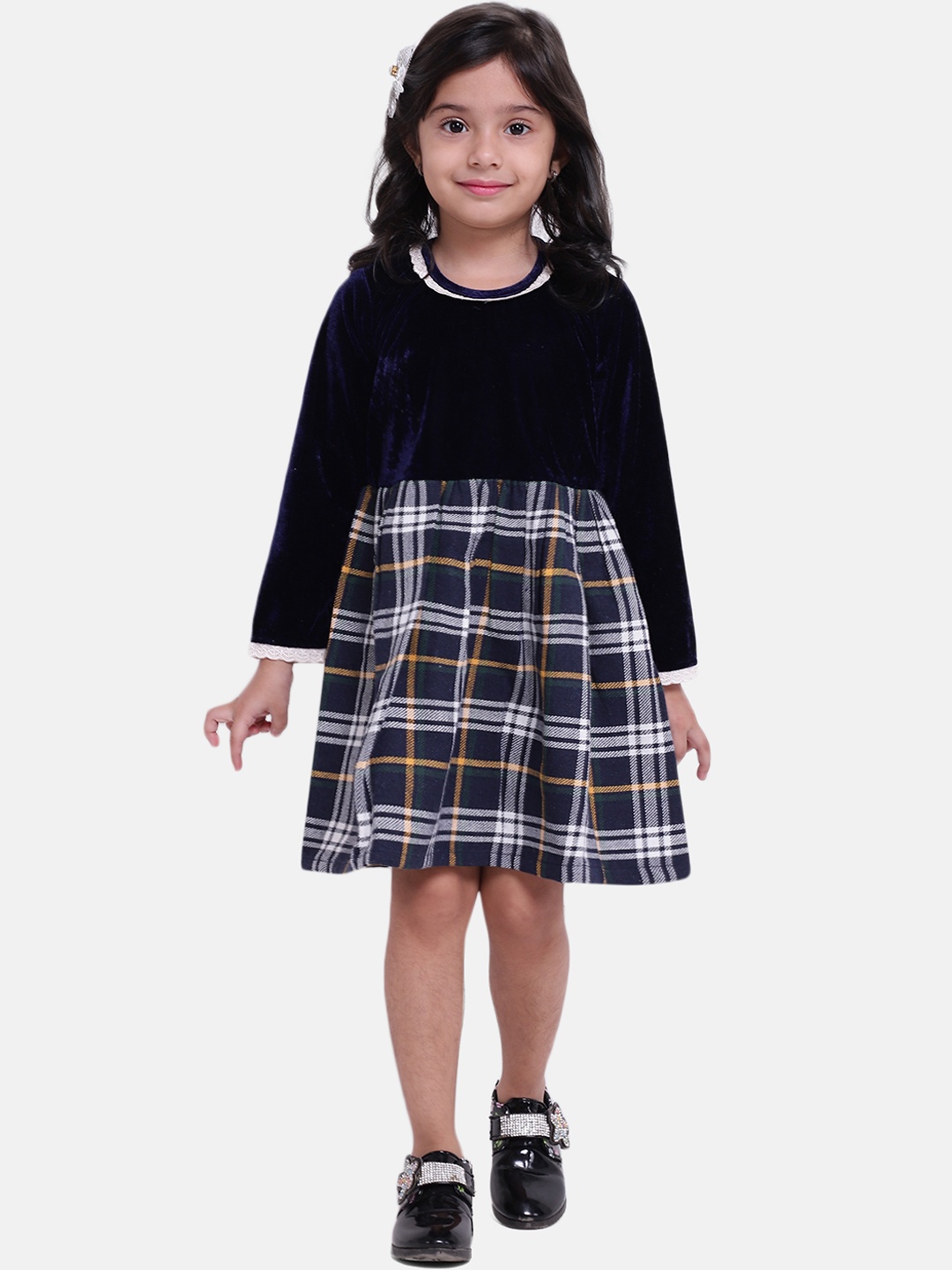 

BownBee Girls Navy Blue Checked Fit and Flare Dress
