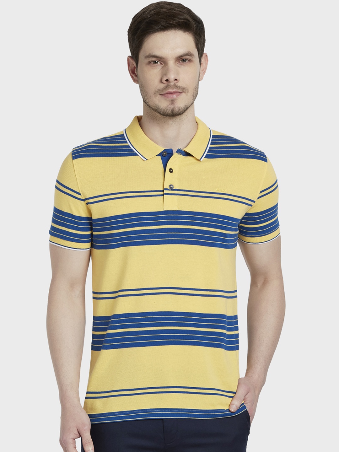 

ColorPlus Men Yellow & Blue Striped Polo Collar T-shirt